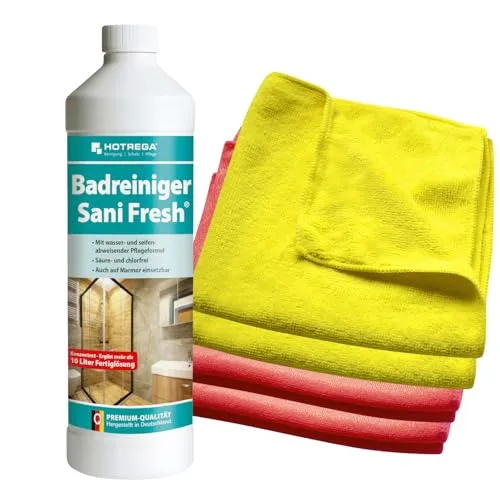 HOTREGA Badreiniger Sani Fresh Konzentrat 1L mit 4 Microfasertüchern - Reinigungsmittel für den gesamten Sanitärbereich, materialschonend und effektiv gegen Kalk- und Seifenreste, inklusive 4 hochwertige Microfasertücher.