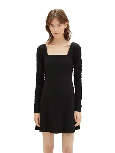 TOM TAILOR Denim Damen Mini-Kleid mit Carree-Ausschnitt - Freizeitkleider für Damen, modernes Little Black Dress mit gerafftem langen Ärmel und optimaler Passform dank Elasthananteil für mehr Bewegungsfreiheit.