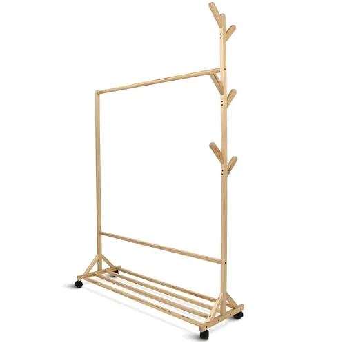 holz4home® Garderobenständer aus Massivholz – Skandinavisches Design, rollbar - Garderobenständer aus hochwertigem Kiefernholz mit integriertem Schuhablage-Bereich und praktischen Rollen für flexible Nutzung im gesamten Zuhause.