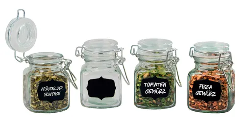 4er Set Gewürzgläser mit Deckel und Feld zum Beschriften, Vorratsgläser