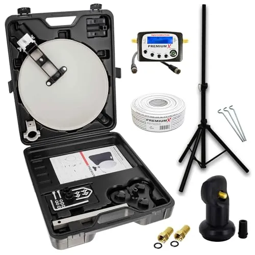 PremiumX Camping SAT TV Anlage - Satellitenschüssel mit LNB und Zubehör - Sat-Schüsseln für Camping: Robuste und handliche Satelliten-Anlage im Koffer, ideal für mobiles Fernsehen mit einfachem Aufbau und vielseitigen Montagemöglichkeiten.