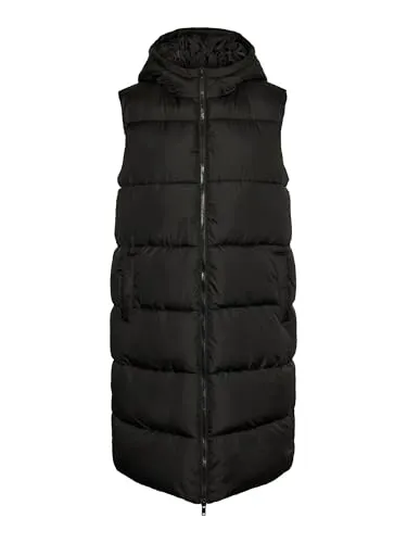 PIECES Damen Steppweste PCBEE, Schwarz, S - Funktionsjacke mit angenähter Kapuze und praktischem Zwei-Wege-Reißverschluss, ideal für aktive Frauen.