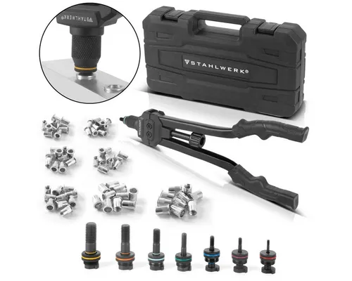 STAHLWERK Blindnietzange NZ-16 ST - 1-tlg. Set - Zangen für professionelle Anwendungen, inklusive 7 Wechsel-Gewindedornen und 70 Nietmuttern, ideal für langlebige und sichere Nietverbindungen.