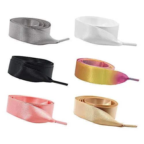 Daimay 6 Paar Satin Flache Schnürsenkel Satinband Flacher Shoestring 1.2M für Sportschuhe, Laufschuhe, Bergschuh, Outdoorschuh Schwarz/Weiß/Kurkuma/Coral Pink/Silber