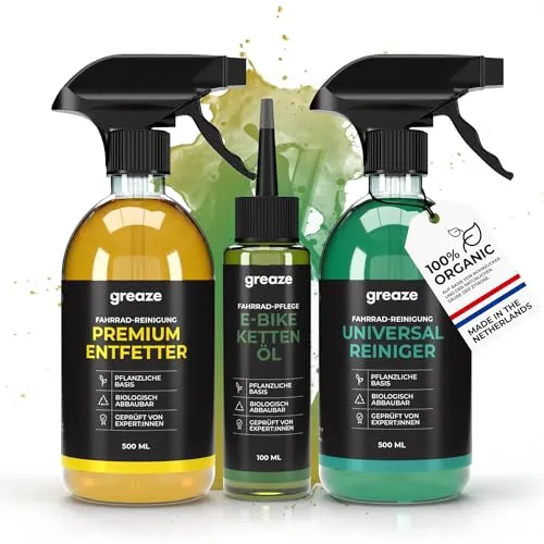 greaze E-Bike Kettenöl Reinigungsset - Hochwertige Kettenpflege für E-Bikes - Fahrrad-Öle mit optimaler Schmierung, reduziert Reibung und Verschleiß, schützt vor Rost und ermöglicht leichte Gangwechsel. Nachhaltig und biologisch abbaubar.