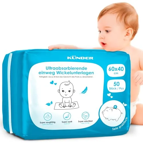 50x Baby Wickelunterlage Einweg 60x40 cm - Ultra-saugfähige Inkontinenzunterlagen, 6-lagige Betteinlagen für Babys & unterwegs, Strapazierfähige Krankenunterlagen und Inkontinenzauflage