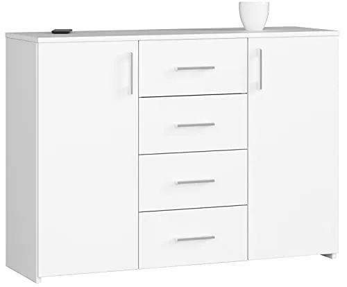 AKORD Kommode K45 110 cm - Stilvoller Schrank mit 2 Türen und 4 Schubladen - Kommode für Wohnzimmer und Schlafzimmer, bietet 4 geräumige Schubladen und 2 Ablagefächer mit Türen für optimale Ordnung und Stauraum.