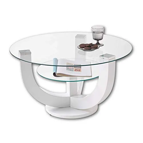 Stella Trading DENVER Glas Couchtisch rund in Hochglanz weiß - Beistelltisch fürs Wohnzimmer mit elegantem Design aus Klarglas und geschwungenem Gestell in Hochglanz weiß - ein echter Hingucker für moderne Wohnräume.
