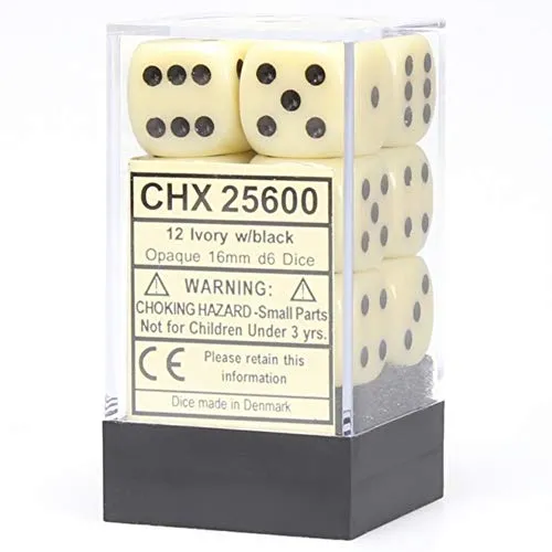 Chessex Opaque 16mm d6 with pips Dice Blocks (12 Dice) - Ivory w/Black