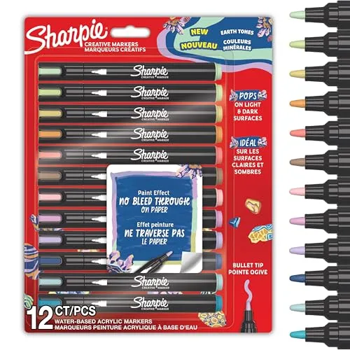 Sharpie Kreative Marker Acrylfarben Stifte | Erdtöne | 12 Stück - Stifte & Marker für künstlerische Arbeiten, wasserbasierte Farbstifte mit erdigen Tönen, die auf den meisten Oberflächen kräftige Markierungen hinterlassen.