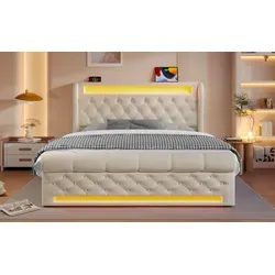 Polsterbett Samt Beige 140x200 Cm Mit Matratze, Led-beleuchtung, Hydraulischem Stauraum Und Usb/typ-c
