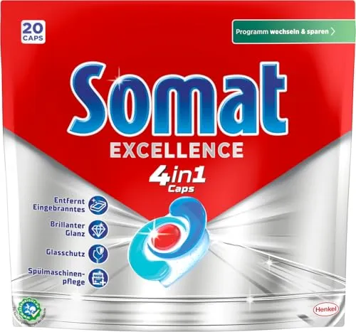 Somat Excellence 4in1 Caps (20 Caps), schnellauflösende Spülmaschinentabs, Somat Caps für exzellente Reinigung & Glanz sogar im Eco-Programm & bei niedrigen Temperaturen