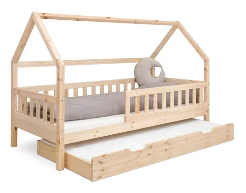 Ehrenkind Hausbett aus nachhaltigem Kiefernholz - Abenteuerbett aus nachhaltigem Kiefernholz, höhenverstellbar und mit abnehmbarem Rausfallschutz, ideal für sichere Nächte und kreatives Spielen.