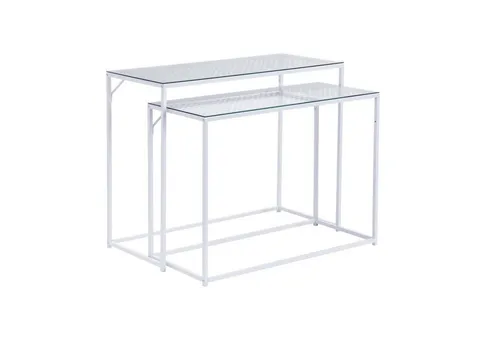 Wohnling Konsolentisch WL7.332 2er Set e Weiß Metall Glasplatte Modern Flurtische Schmal (Dekotische 2er Set Weiß Glas Metall Modern), Ablagetische Wohnzimmer, Glastische Platzsparend