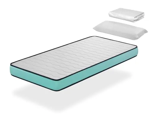 DORMISSIMO Pack Kindermatratze 90X200 PROMO CONFORT Höhe 14 cm H2 + 1 Memory Foam Kopfkissen 90x35 cm + 1 Matratzenschoner 90X200 cm