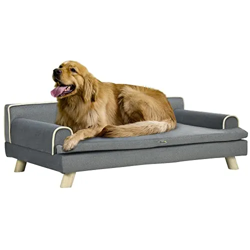 PawHut Sofa für Hund und Katze, skandinavisches Design, abnehmbares weiches Kissen, Füße aus Massivholz, 100 x 62 x 32 cm, Grau