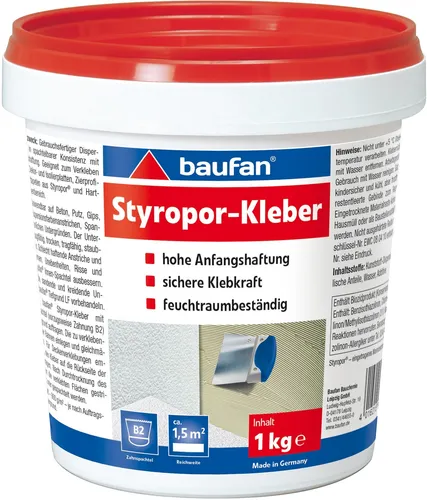 Baufan Styroporkleber 1 kg - Lösungsmittelfreier Kleber für Styropor - Kleber & Leime - Ideal für Dekor- und Dämmplatten, feuchtraumbeständig und geruchsneutral, leicht zu verarbeiten mit hoher Anfangshaftung.