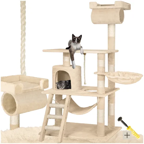 tectake® Kratzbaum 141 cm mit Katzenhaus - Katzen Kratzbaum mit Spielkordel und Kippschutz, bietet optimale Spiel- und Rückzugsmöglichkeiten für Deine Katze.