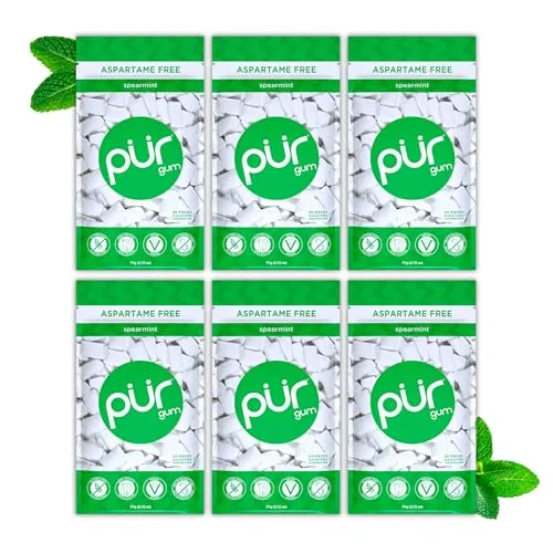 Produktbild PUR Gum | Zuckerfreier Kaugummi | Mit Xylit | Vegan, Aspartamfrei & Glutenfrei | Natürlicher Kaugummi Mit Spearmint-Geschmack, 55 Stück (6er Pack)