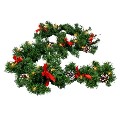 LED Tannengirlande mit Zapfen und Schleifen - 274 cm, warm weiß beleuchtet - Girlanden für Festlichkeiten - Künstliche Tannengirlande mit 50 warm weißen LEDs, batteriebetrieben und mit Timer für eine festliche Deko-Beleuchtung.