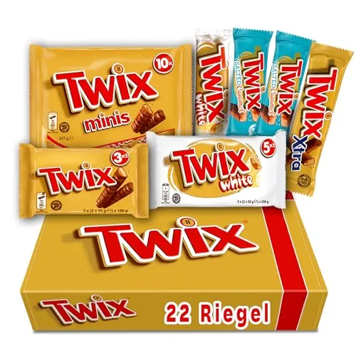 TWIX Fan-Box I Schokoriegel Mix-Box I 7 Packungen I 22 Riegel I 6 Sorten I 820g I White I Salted Caramel I Original Schokolade I Xtra I Minis