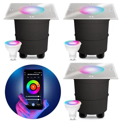SSC-LUXon 3x MADON Bodeneinbauleuchte LED Außen - Wegeleuchten mit WiFi Steuerung, kompatibel mit Alexa, Siri & Google. Erstellen Sie stimmungsvolle RGBW Atmosphären – befahrbar und wetterfest, ideal für den Außenbereich!