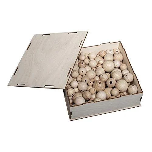 Rayher Rohholz-Kugeln, Sammelbox, 222 Holzkugeln in 8 verschiedenen Größen + Ideenheftchen, Set runde Holzperlen, mit Loch zum Auffädeln, Natur