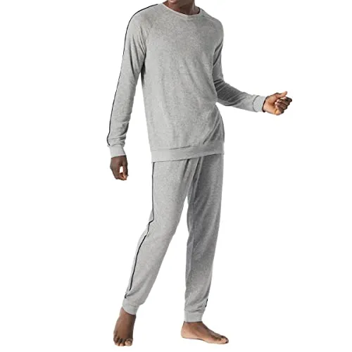 Schiesser Herren Schlafanzug lang - Pyjamaset in grau-Mel - Bequemer Schlafanzug für Herren mit unifarbenem Langarmshirt und gestreifter Hose, ideal für gemütliche Nächte und entspannten Schlaf.