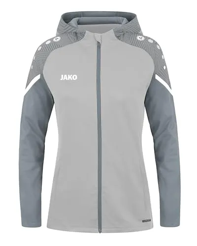 JAKO Damen Kapuzenjacke Performance, Soft Grey/Steingrau, Größe 38 - Funktionsjacke aus 100% recyceltem Polyester, mit praktischen Reißverschlusstaschen und stylischen Kontrasteinsätzen für einen modernen Look.
