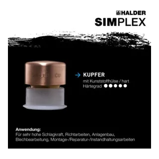 Halder Schonhammer Simplex 40mm Kupfer/Nylon - Hochwertiger Schonhammer für Anlagenbau und Kfz-Reparatur. Mit austauschbaren Einsätzen aus Kupfer und Nylon für hohe Schlagkräfte und Langlebigkeit. Ergonomischer Fiberglasstiel mit rutschsicherem Griff.