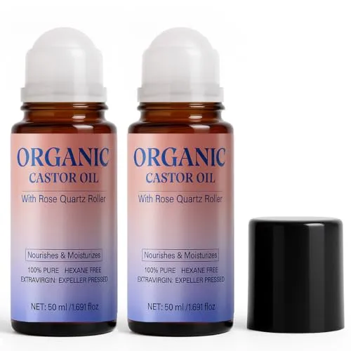 Daozhogo 2 Stück Rizinusöl Bio mit Rosenquarz-roller, Kaltgepresst Organic Castor Oil, Tiefe Langanhaltende Feuchtigkeit, Rizinusöl-hautpflege für Alle Hauttypen