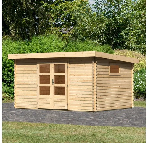 Karibu Gartenhaus Trittau 5 - 406x333 cm, 40 mm Wandstärke - Gartenhäuser mit stabiler Blockbohlenbauweise, patentierter 6-Plus-Eckverbindung für hohe Wetterbeständigkeit und praktische, vormontierte Tür für einfachen Zugang.
