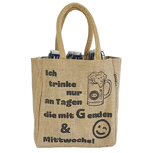 Domelo Jute Flaschentasche. Geschenke für Männer. Bierträger/Flaschenträger mit Trennwänden für 6 Flaschen. kleine Einkaufskorb. Lustige witzige Bier Männerhandtasche (natur/Ich trinke)