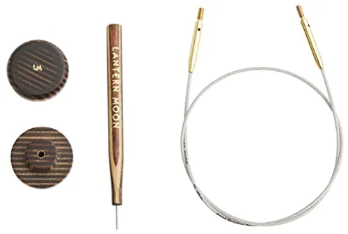 Lantern Moon KP350614 INTR FIXED CORDS Auswechselbare Stricknadelkabel-2 x 40 feste Schnüre-2 hölzerne Endkappen & 1 Spannwerkzeug-Nylon beschichteter Edelstahl, Silber & Messing, 40