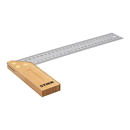 STIER Anschlagwinkel, Schreinerwinkel, Buche, 90° / 45°, 300 mm, mit Griffhohlkehle, doppelseitiger Messingbeschlag