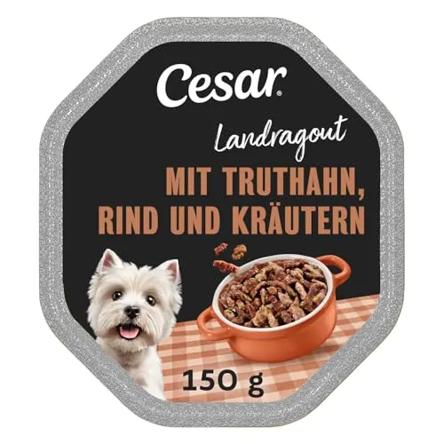 Cesar Hundefutter Nassfutter - Landküche Pute & Rind (7 x 150 g) - Leckeres Nassfutter für Hunde mit zartem Puten- und Rindfleisch. Ideal für die tägliche Ernährung und sorgt für Freude in der Futterzeit.