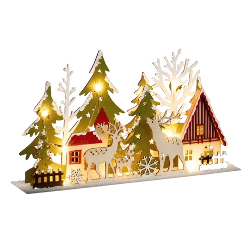 Fééric Lights & Christmas Weihnachtsdorf - Einzigartige Weihnachtsdekoration mit 13 warmweißen LED-Lampen. Diese mehrfarbige Holzsperrholz-Weihnachtsstadt schafft eine festliche Atmosphäre und ist ideal für jedes Zuhause.