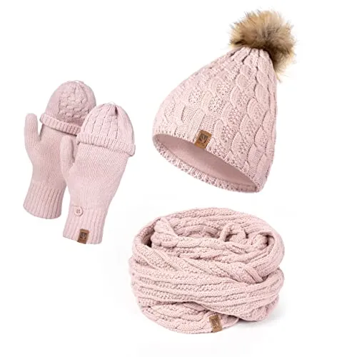HEYO Mütze Schal Handschuh Set für Damen | Gefütterte Wintermütze mit Kunstfellbommel | Großer Loop Schal | Gestrickte Finger/Fingerlose- Winterhandschuhe für Touchscreen (Rosa)