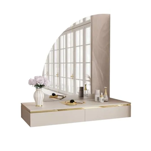 Lookway AURORA-Q Kaschmir Schminktisch mit Spiegel und LED - Eleganter hängender Schminktisch in Kaschmir mit Spiegel und neutralweißer LED-Beleuchtung, ideal für stilvolle Räume. Einfache Wandmontage und praktische Schubladen für optimale Stauraum.