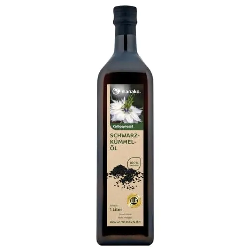 manako Schwarzkümmelöl gefiltert, frisch kaltgepresst und 100% rein, 1000 ml Glasflasche