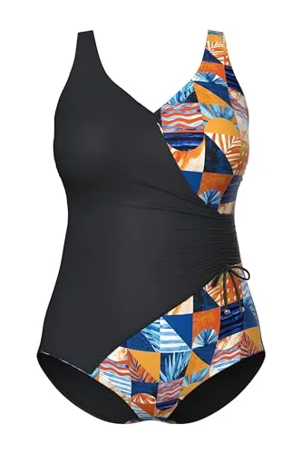 Ulla Popken Badeanzug Karo Softcups Wickeloptik schwarz 48 von Ulla Popken