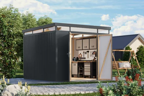 Karibu Gerätehaus Titanium 3,5 – Robust und elegant - Entdecken Sie das Karibu Gerätehaus Titanium 3,5 (290x292 cm), das Stabilität und modernes Design vereint. Mit einer hochwertigen Polyesterbeschichtung und einfacher Montage ist es ideal für jeden Garten.