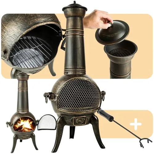 tectake Vintage Outdoor Terrassenofen - Gusseisen Kaminofen mit Funkenschutz, effiziente Wärmequelle und einzigartigem Steampunk-Design für Garten und Balkon