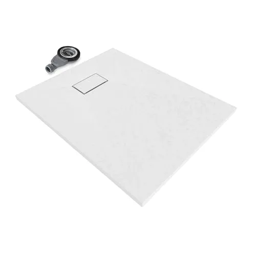 Moments of Glass SMC BOREAL Duschwanne 100x80 cm – extra flache Duschtasse (26 mm), rutschfest & robust, Schieferoptik, inkl. Ablaufgarnitur mit Deckel, Weiß