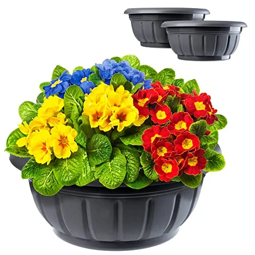 KADAX Blumenschale, runde Pflanzschale, Pflanzkübel aus Kunststoff, wetterfester Blumenkübel für Außen, Blumen, Pflanzen, Garten, Balkon, Pflanzgefäß (⌀ 34 cm 2er Set, anthrazit)