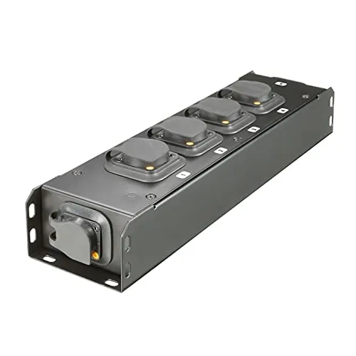 Adam Hall Cables PRO PORT 4 TT Stromverteiler - Zubehör für Lichttechnik mit 5 IP65 geschützten Ausgängen, ideal für den Einsatz im Freien und auf Veranstaltungen, robustes Metallgehäuse für hohe Langlebigkeit.