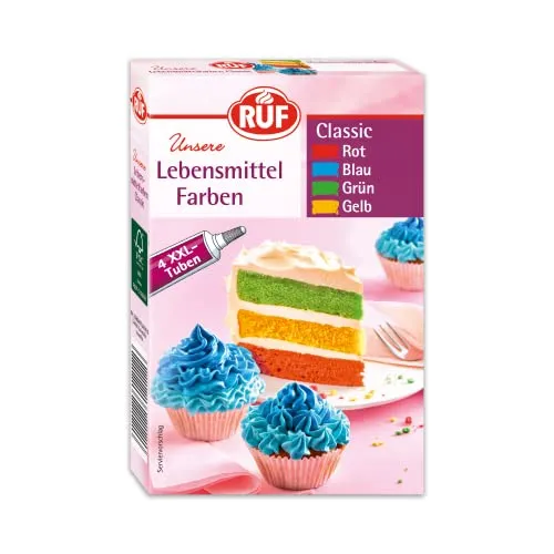 RUF Lebensmittel-Farben Classic, 4 XXL Tuben in Rot, Blau, Grün, Gelb, zum Färben von Teigen, Rainbow Cake, Fondant und Cremes, farbintensiv, 4 x 20g