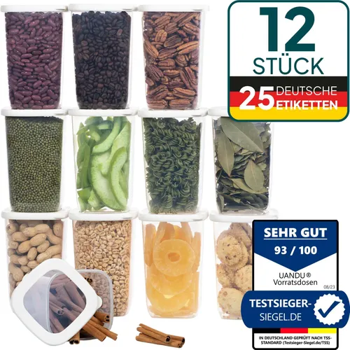 uandu Vorratsdosen Set 12x1200ml - Luftdicht & BPA frei - Vorratsdosen Set mit 12 luftdichten Aufbewahrungsboxen, ideal für die Küche. BPA-frei, spülmaschinengeeignet und mit Silikondichtungen für maximale Frische.