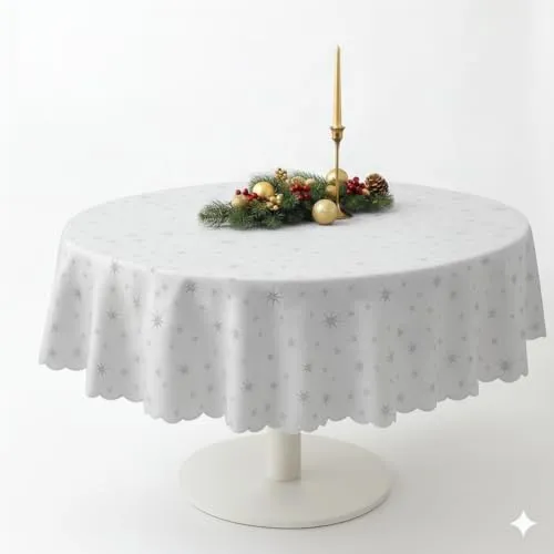 Lurex Tischdecke Sterne Glitzer Weihnachten Christmas Silber Rund 180 cm