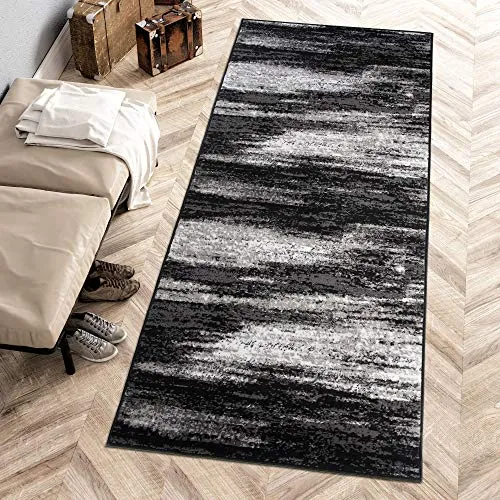 Carpeto Rugs Teppich Läufer Flur - Modern Teppichläufer – Kurzflor, Weich - für Küche Vorzimmer Eingangsbereich Schlafzimmer - Meterware 70 cm Breit - Grau Schwarz 70 x 600 cm